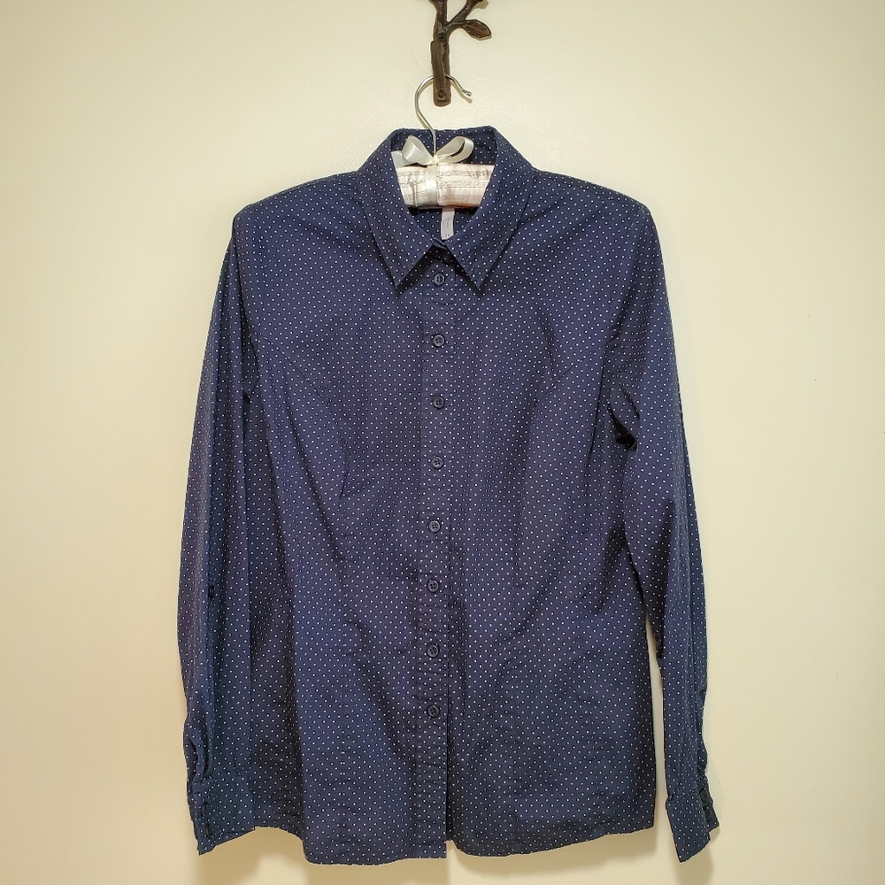 Bravissimo long sleeve blouse navy blue with polka dots, size 14 really curvy